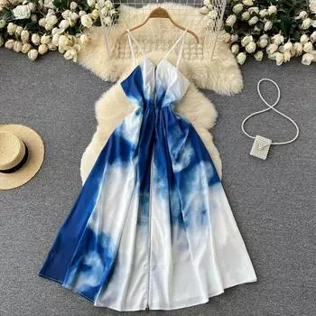 Пляжное платье для отпуска на берегу моря, французское винтажное женское платье с бретелькой на бретельках с принтом тай-дай M синий