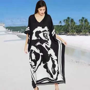 Пляжное платье-кафтан, летнее длинное бикини, накидка для купальников, женская пляжная одежда с принтом больших размеров, купальные костюмы One Size чёрный