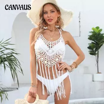 Пляжное платье, летнее женское платье с блестками в стиле пэчворк, платье с лямкой на бретельках с крючками, праздничное бикини с бахромой, накидка One Size белый