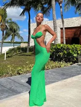 Пляжное платье макси с лямкой на шее, женское зеленое облегающее платье со шнуровкой, летние вечерние клубные женские платья с открытой спиной S зелёный