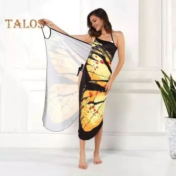 Пляжное платье-накидка без рукавов с принтом бабочек, красочный узор, тонкие бретельки, накидка на бикини на Хэллоуин, купальник, накидка S синий