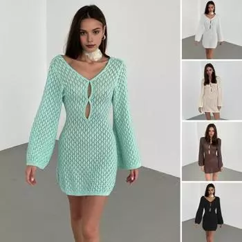 Пляжное платье-накидка, однотонное вязаное платье с v-образным вырезом и длинными рукавами и открытой спиной, дышащая резинка S бежевый