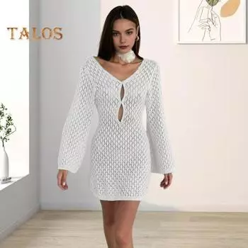 Пляжное платье-накидка, однотонное вязаное платье с v-образным вырезом и длинными рукавами и открытой спиной, дышащий эластичный купальник, накидка S бежевый