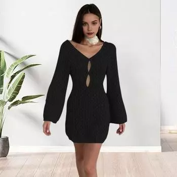 Пляжное платье-накидка, однотонное вязаное платье с v-образным вырезом и длинными рукавами и открытой спиной, дышащий эластичный купальник, накидка S бежевый