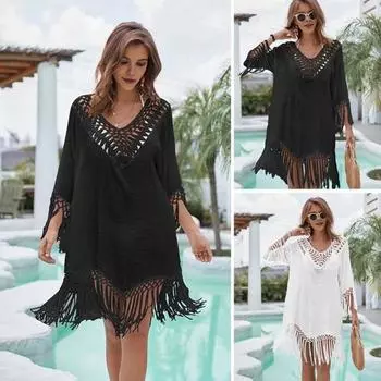 Пляжное платье-накидка с V-образным вырезом, тканое, с ажурным вырезом, манжетами и бахромой, подол, прикрытие бикини, защита от ультрафиолета, пляжное платье белый