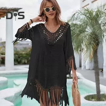 Пляжное платье-накидка с V-образным вырезом, тканое, с ажурным вырезом, манжетами и бахромой, подол, прикрытие бикини, защита от ультрафиолета, пляжное платье белый