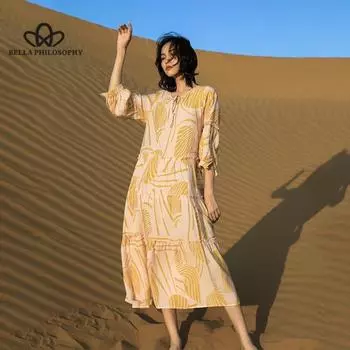 Пляжное платье Пляжный отдых Французское винтажное платье с пышными рукавами и рукавами Женское платье макси с v-образным вырезом и цветочным принтом S жёлтый