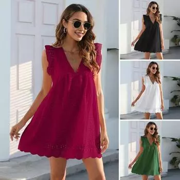 Пляжное платье Рукав летящий Выдалбливают Сплошной цвет Кружева Аппликация V-образный вырез Свободный плиссированный Двухслойный XL светло-синий