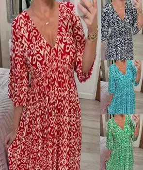 Пляжное платье с цветочным принтом в европейском и американском стиле с V-образным вырезом для отдыха на море M чёрный