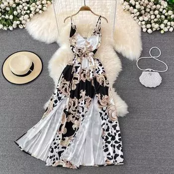 Пляжное платье с декором, новое летнее платье для отдыха на берегу моря, без рукавов, с открытой спиной и высокой талией, платье на подтяжках, супер фея, большое распашное длинное платье