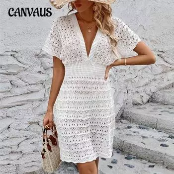 Пляжное платье с глубоким V-образным вырезом, женское пляжное короткое платье с волнистым узором, пляжные накидки с эластичной талией S чёрный