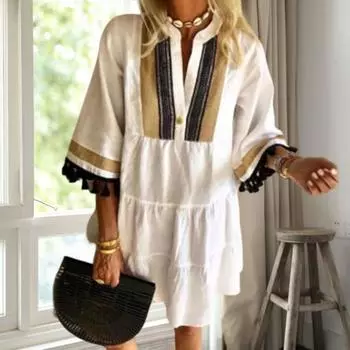 Пляжное платье с v-образным вырезом и кисточками, цветочный принт, изысканный узор, свободное платье из полиэстера, винтажное лоскутное платье с принтом, свободное женское платье для женщин S чёрный