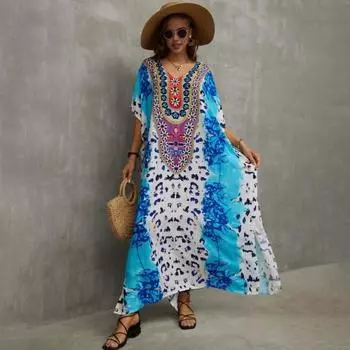 Пляжное платье с V-образным вырезом и короткими рукавами Свободный крой Бикини-накидка с боковым разрезом Яркий цветной принт Пляжный купальник для отпуска и путешествий чёрный