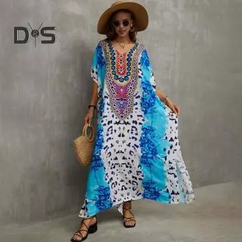 Пляжное платье с V-образным вырезом и короткими рукавами Свободный крой Бикини-накидка с боковым разрезом Яркий цветной принт Пляжный купальник для отпуска и путешествий чёрный