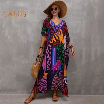 Пляжное платье с V-образным вырезом и короткими рукавами Свободный крой Бикини-накидка с боковым разрезом Яркий цветной принт Пляжный купальник для отпуска и путешествий чёрный