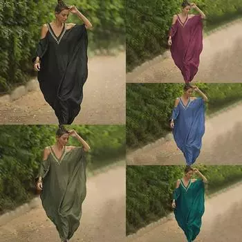 «Пляжное платье с V-образным вырезом и открытой спиной, отделкой золотом — свободный крой, большой размер, длинное праздничное платье с защитой от солнца» One Size