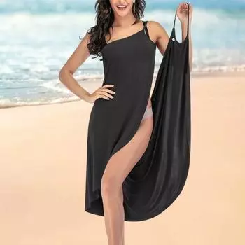 Пляжное платье, сексуальное шитье с разрезом на бретельках, свободная пляжная одежда, струящееся однотонное женское повседневное платье на бретельках, праздничная одежда L чёрный