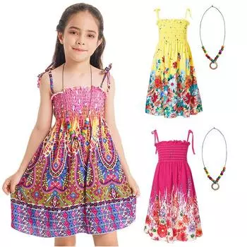Пляжное платье в стиле бохо для девочек с открытыми плечами, без рукавов, с цветочным принтом, радужными бретельками, с подтяжками и ожерельем, летний наряд 8-10 Years королевский синий