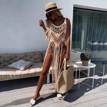 Пляжное платье в стиле бохо для женщин, сексуальное летнее платье с бахромой и ажурным подолом абрикосовый