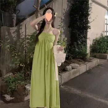 Пляжное платье, женское летнее маленькое платье для отдыха на берегу моря, чистое желание, нишевый дизайн, французское зеленое платье с лямкой на бретельках S зелёный