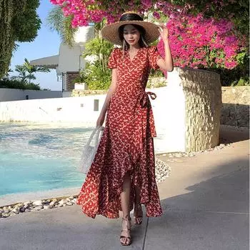 Пляжное платье Женское морское утягивающее длинное платье Fairy Island Vintage Chiffon Dress S