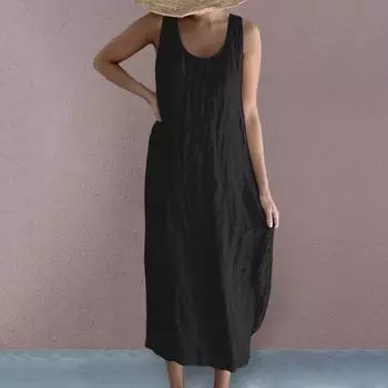 Пляжное повседневное свободное платье миди в винтажном стиле, женское летнее платье с круглым вырезом и карманами без рукавов, жилет, пляжная одежда M белый