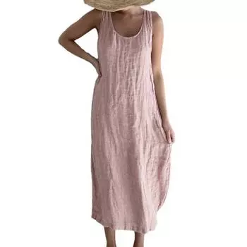 Пляжное повседневное свободное платье миди в винтажном стиле, женское летнее платье с круглым вырезом и карманами без рукавов, жилет, пляжная одежда M белый