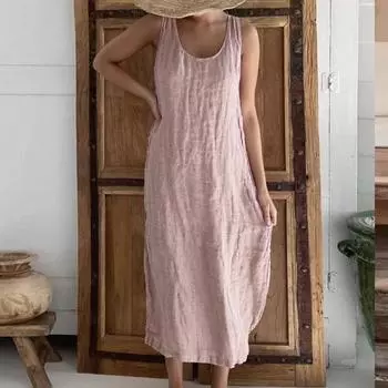 Пляжное повседневное свободное платье миди в винтажном стиле, женское летнее платье с круглым вырезом и карманами без рукавов, жилет, пляжная одежда 2XL розовый