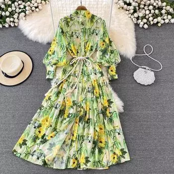 Пляжное праздничное платье на берегу моря, длинное платье с большими качелями, супер фея, нежное, ветровое платье с закрытой талией, тонкое платье с воротником-стойкой и принтом S зелёный