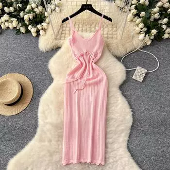 Пляжное трикотажное женское платье с V-образным вырезом без рукавов, крючком и цветочным узором, облегающее повседневное летнее платье на бретелях One Size чёрный