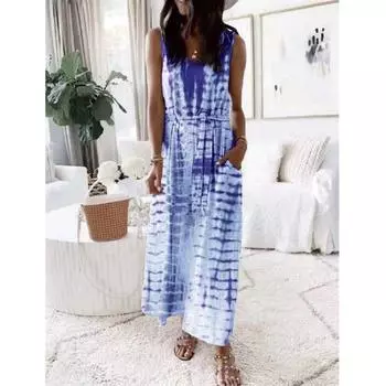 Пляжное женское повседневное платье-макси с V-образным вырезом и принтом тай-дай без рукавов S темно-синий