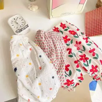 Пляжные брюки с цветочным принтом в стиле ретро для девочек: Летняя защита от комаров, защита от солнца, средняя-высокая талия, прозрачная, универсальная 130cm