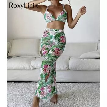 Пляжные брюки с принтом листьев, бикини, женский купальник, женский купальник, комплект из трех частей, купальный костюм для плавания S зелёный