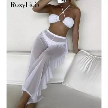 Пляжные брюки с рюшами, бикини с лямкой на шее, женские купальники, женский купальник, комплект бикини из трех частей, купальный костюм для плавания S чёрный