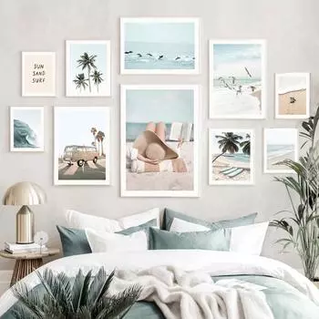 Пляжные доски для серфинга, волны, пальмы, черепаха, ван, дельфин, настенная живопись, холст, постеры и принты, настенные панно для декора гостиной 21*30cm