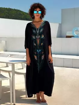 Пляжные кафтаны для женщин, макси-платья с вышивкой в виде павлиньих перьев, летние праздничные накидки для купальников, купальные костюмы One Size чёрный