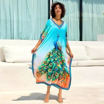 Пляжные кафтаны с принтом павлина, бабочек, перьев, накидки для купальников, женские макси-платья, праздничные купальные костюмы One Size белый