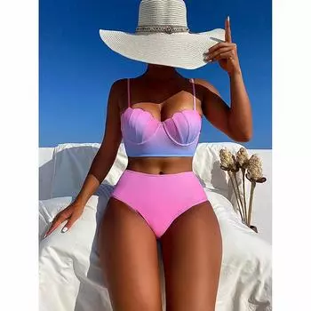 Пляжные купальники женские сплошные бикини комплект пуш-ап бюстгальтер раздельный танкини комплект летние 2 шт сексуальные бикини женская пляжная одежда S розовый