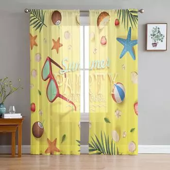 Пляжные морские звезды, ракушки, листья, пальмовые листья, прозрачные шторы для гостиной, спальни, декор, шифон, тюль, вуаль, кухонная оконная занавеска 1 PCS W100XH250cm