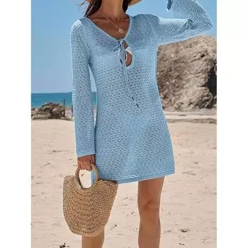 Пляжные накидки для купальников Женские Бохо Вязаное мини-платье Бикини Однотонное с завязками Ажурное Летний купальник Купальный костюм S синий