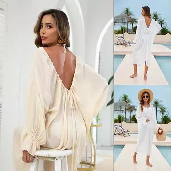 Пляжные накидки, однотонные, свободного покроя, с открытой спиной, пляжное платье с длинными рукавами, хлопковые купальники-бикини, купальный сарафан Average Size