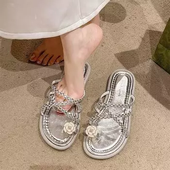 Пляжные нескользящие классные тапочки, тапочки с плоским носком, новинка 2024 года, модные шлепанцы со стразами, женская летняя одежда 35