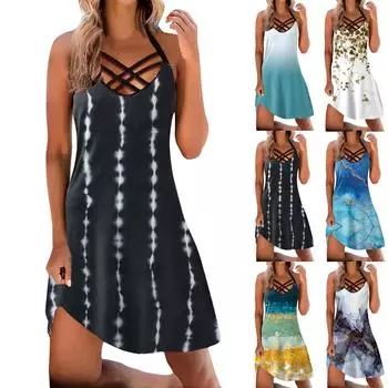 Пляжные платья больших размеров, женские винтажные повседневные пуловеры без рукавов, свободный пляжный сарафан с принтом и вырезом M чёрный