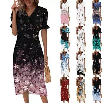 Пляжные платья для женщин. Элегантное платье с принтом и V-образным вырезом в стиле бохо. Гавайское платье макси со струящимися рюшами. L синий