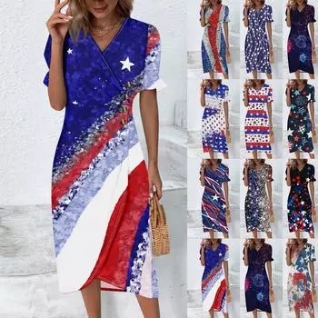 Пляжные платья для женщин. Элегантное платье с принтом и V-образным вырезом в стиле бохо. Гавайское платье макси со струящимися рюшами. L синий
