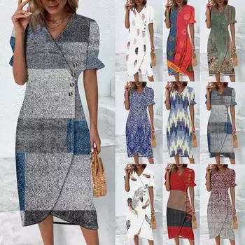 Пляжные платья для женщин. Элегантное платье с принтом и V-образным вырезом в стиле бохо. Гавайское платье макси со струящимися рюшами. L