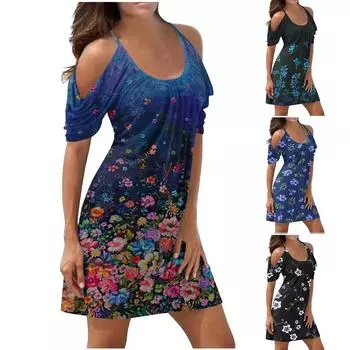 Пляжные платья для женщин Модное летнее повседневное платье с короткими рукавами и открытыми плечами на тонких бретельках с цветочным принтом L