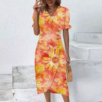 Пляжные платья для женщин, весна-лето, элегантное платье с запахом и V-образным вырезом в стиле бохо, струящееся гавайское платье макси с рюшами XXXL оранжевый