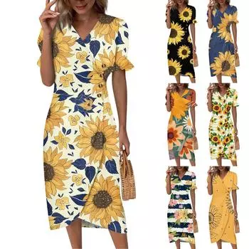 Пляжные платья для женщин, весна-лето, элегантное платье с запахом и V-образным вырезом в стиле бохо, струящееся гавайское платье со рюшами L чёрный