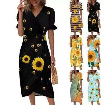 Пляжные платья для женщин, весна-лето, элегантное платье с запахом и V-образным вырезом в стиле бохо, струящееся гавайское платье со рюшами L чёрный